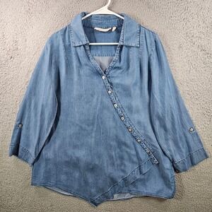 Soft Surroundings Asymmetrical Button Front Denim Tencel Shirt Top PXL